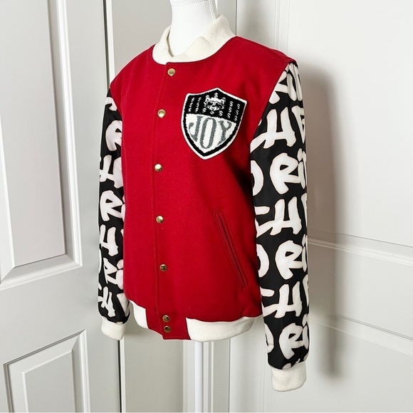 Joyrich Retro Y2K 90s Graffiti Wool Blend Varsity Letterman Red Bomber Jacket, M - Picture 3 of 16